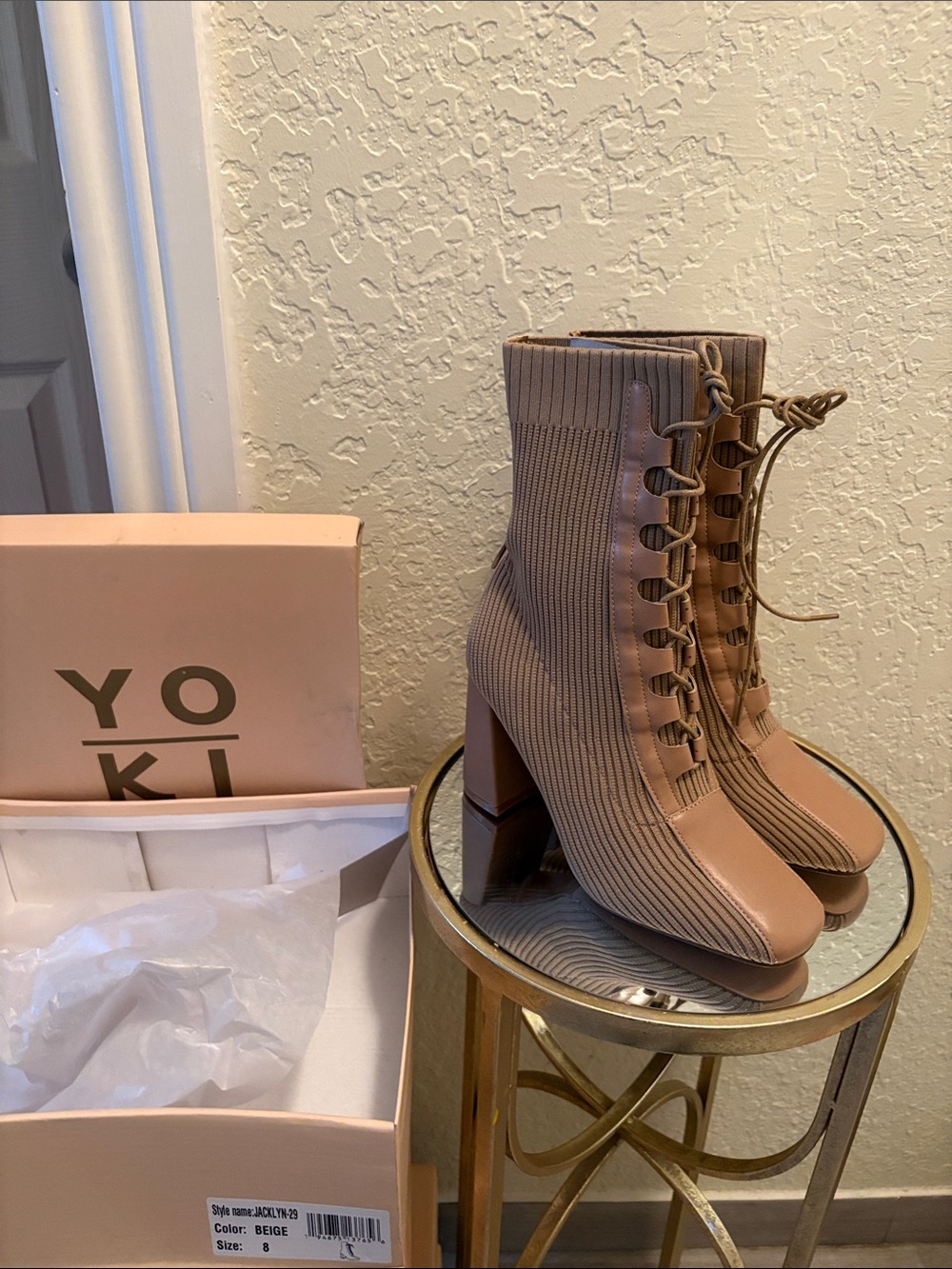 Yoki Lace-Up Ribbed Block Heel Ankle Boots - Picture 2 of 5